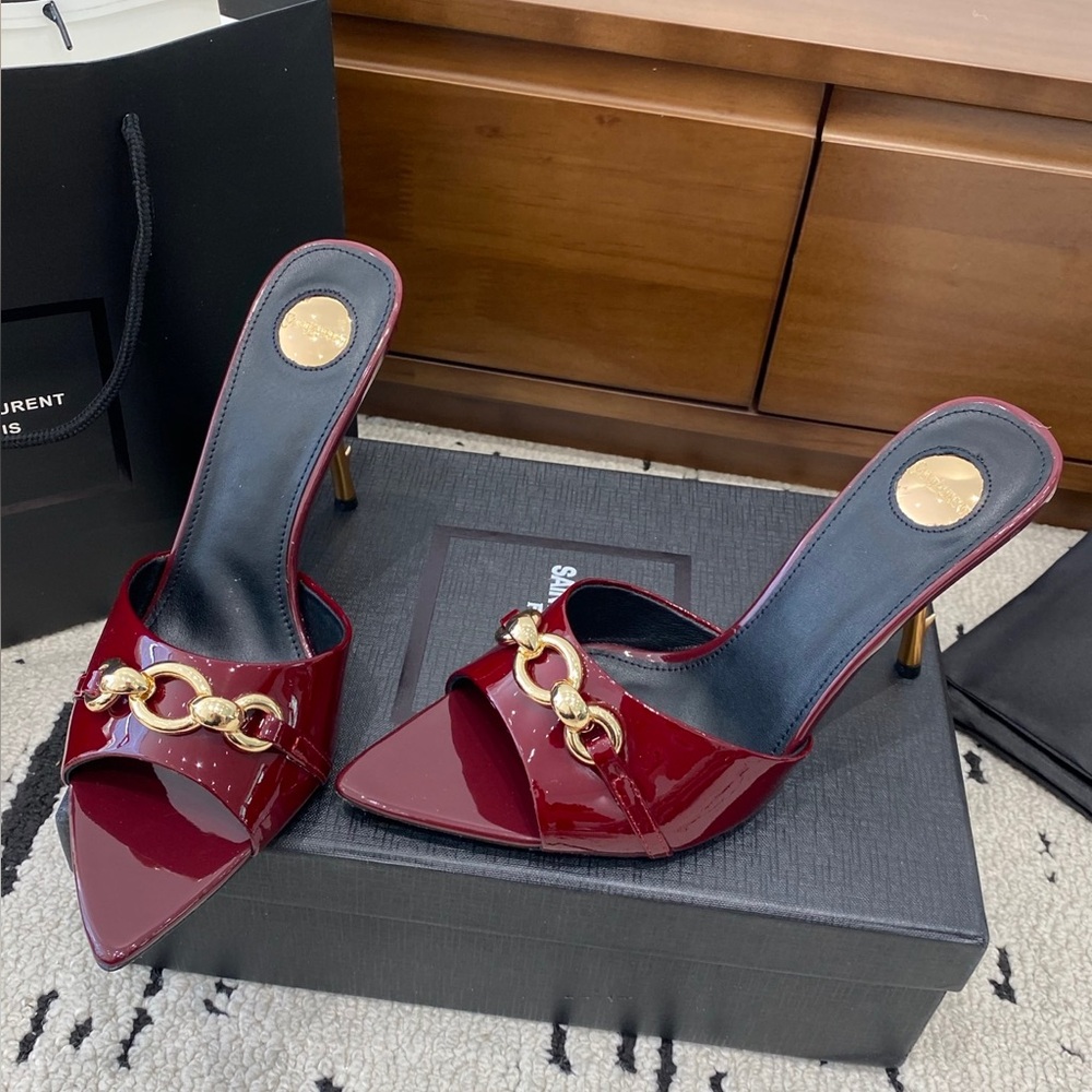 Saint Laurent Burgundy Patent Leather Pointed Mule with Gold Chain for Women